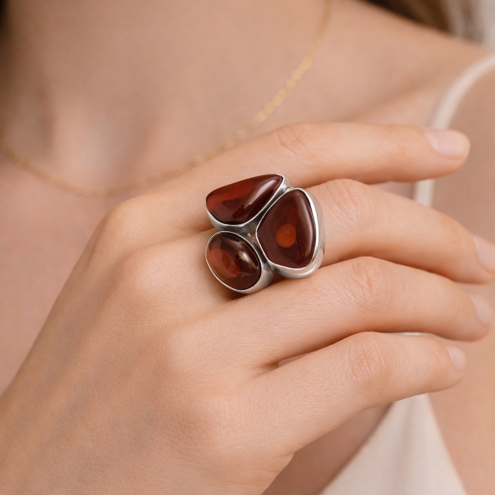Sterling Silver Triple Amber Statement Ring - Brown